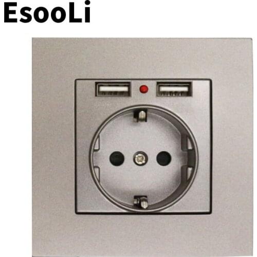 EsooLi Power Outlet PC Panel Wall Charger Adapter Dual USB Charging Port 5V 2.1A LED Indicator 16A EU Socket
