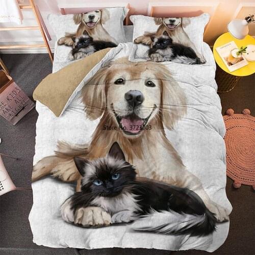 3D Cat and Dog Digital Print Down Bed Cover Pillowcase Fashion Bedroom Decoration Childrens Bedding Set 2-3 Pieces