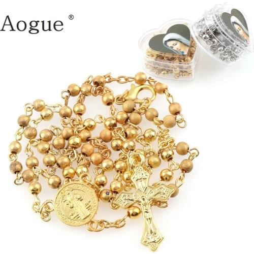 Tiny Metal Rosary Necklaces 4mm Gold Color Bead With Heart Box Chain Cross Pendant Catholic Church Prayer Jewelry