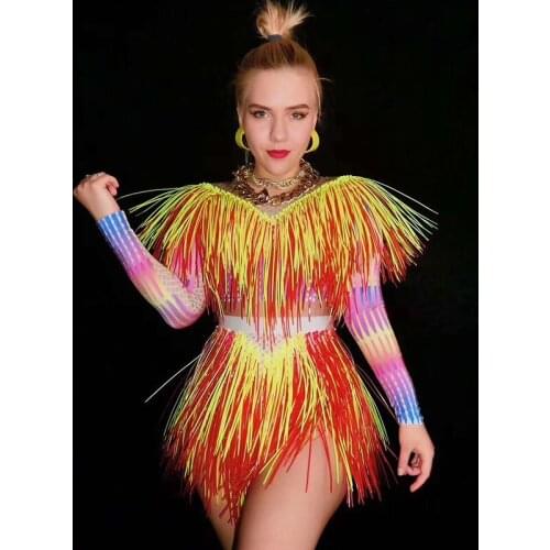 Neon Orange Dance Bodysuit Women Singer Stage Wear Outfit Nightclub Leotard Party Colorful Jumpsuit Performance Clothes DJ523