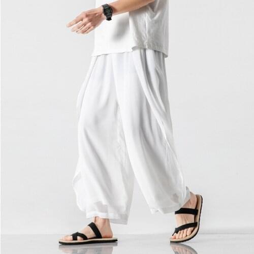 2021 Spring and Summer New Mens Chinese Style Loose Wide-leg Pants Chinese Zen Chiffon Trousers Men Thin Bloomers Streetwear
