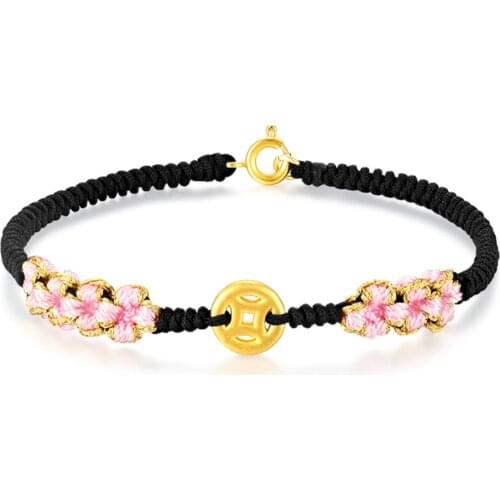 New Arrival Real 24K Yellow Gold Bracelet Woman Luck Coin Bead with Pink Flower Weave Bracelet