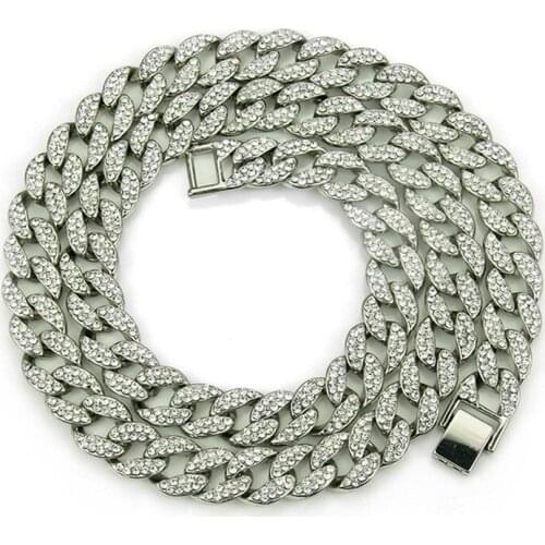 New Fashion Silver Color Rhinestone Necklace for Women Men Cuban Big Hip Hop Necklace 16 Inch Jewelry