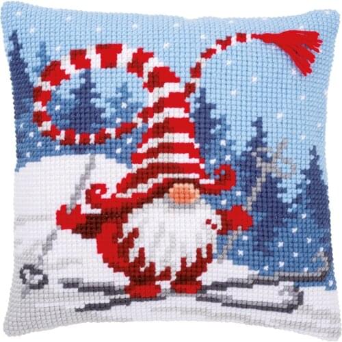 Cross Stitch Cushion Christmas Gnome Skiing Needlepoint Kits Printed Canvas Chunky Yarn Cross-stitch Pillow Case Arts and Crafts