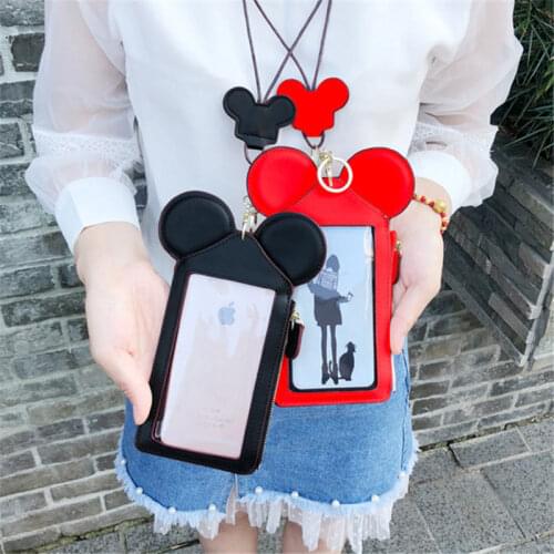 Disney Cartoon Coin Purse Card & ID Holders Large Screen Zipper Mobile Phone Bag Mini Multi-Card Hanging Neck Rope