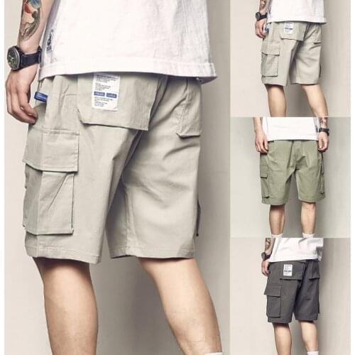 Dropshipping Shorts Drawstring Multi Pockets Men Solid Color Loose Knee-length Pants for Summer Men Casual Shorts