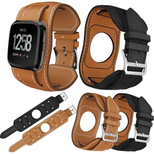 Men Leather Watch Bands For Fitbit Versa Versa 2 Lite Watch Replacement Strap Fashion Adjustable Leather Wristbands Black Brown
