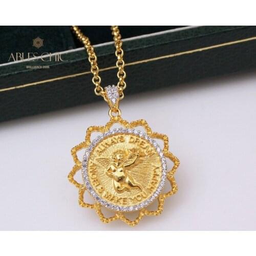 Renaissance 18K Gold Tone Filigree Angel Badge Pendant 925 Solid Silver CZ Retro Element Charm Necklace Wedding Gift C11N3S25304