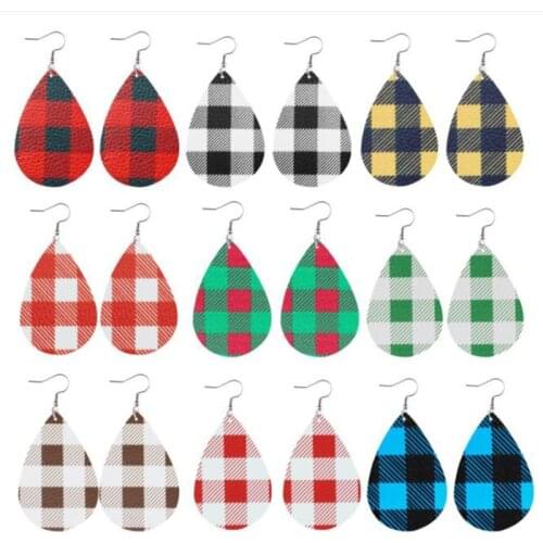New Fashion Classic Scottish Plaid Simple Wind Leather PU Water Drop Hollow Earrings Finished Earrings Fairy Friend Gift