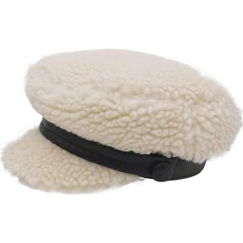 Hot Autumn Fashion Women Lamb Hair Hats British Style Warm White Retro Newsboy Military Octagonal Female Visor Caps