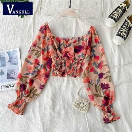 Vangull Floral Print Ruffle Fold Chiffon Shirt Women Spring New Square Neck Short Slim Vintage Fashion Sweet Female Shirt Tops