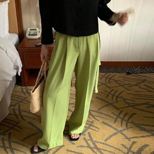 Women Summer Loose Wide Leg Trousers Female Simple Korean Drawstring High Waist Pants 2021 Ladies Solid Causal Bow Belt Pantalon