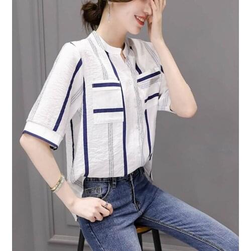 Women Spring Summer Style Chiffon Blouses Shirts Lady Casual Half Sleeve Striped V-Neck Blusas Tops DD1841