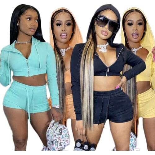 New 2021 Sporty Sweatsuits for Women 2 Two Piece Outfits Zip Up Cropped Hoodies and Shorts Matching Sets Tracksuits