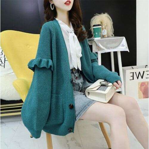 Sweater Jacket Womens Solid Color Ruffled Stitching V-neck Knitted Cardigan Autumn And Winter new style loose fashion exterior