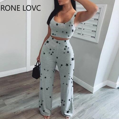 Women Star Print O-neck Crop Tank Top & Long Pants Set 2 Piece Casual Set