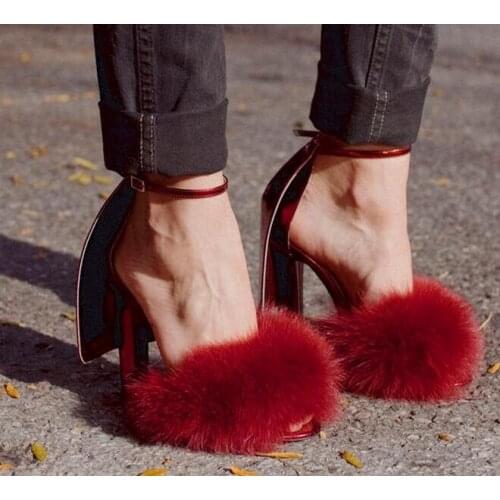 2018 Summer Fashion Faux Fur Open Toe Women Sexy Sandals Chunky Heel Ladies Ankle Buckles Dress Shoes Hot Party Shoes Size 42