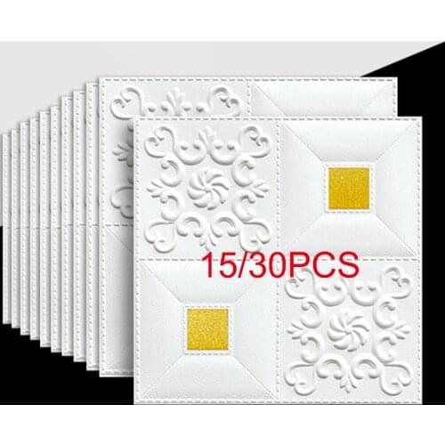 15/30pcs Self-Adhesive 3D Wall Sticker DIY Waterproof Foam Wallpaper For Kids Room Kitchen TV Roof Ceiling Background