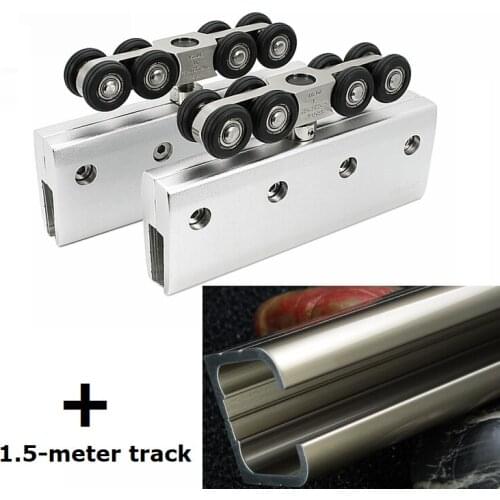 VIBORG Super-quiet&smooth Hanging Frameless Sliding Glass Door Hardware Set kit Wheels Roller Set with 1.5-meter track