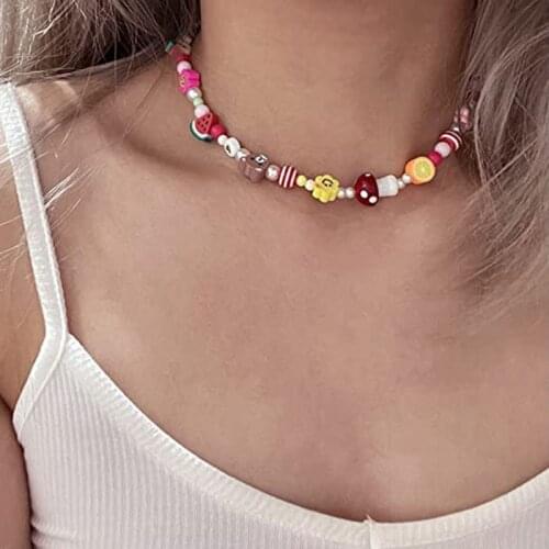 Bohemian Stained Glass Rice Bead Necklace Pearl Womens Short Necklace Charm y2k Jewelry Handmade Christmas Gift Girl