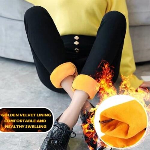 Solid Color Slim Pencil Pants Elastic High Waist Butt Lift Stretch Women Casual Button Fleece Thickening Winter Warm Trousers