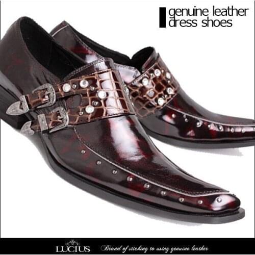 Christia Bella Genuine Leather Double Buckle Male Large Size Shoes Party Business Male Shoes Mens Fashion Brown Dress Shoes