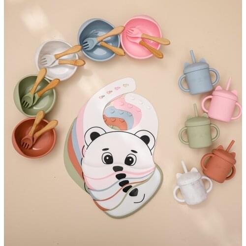 Childrens Tableware 5 PCS BPA Free Baby Feeding Solid Food Dinner Set Plates Training Bowl Feeding Dishes Spoon Fork Straw Cup