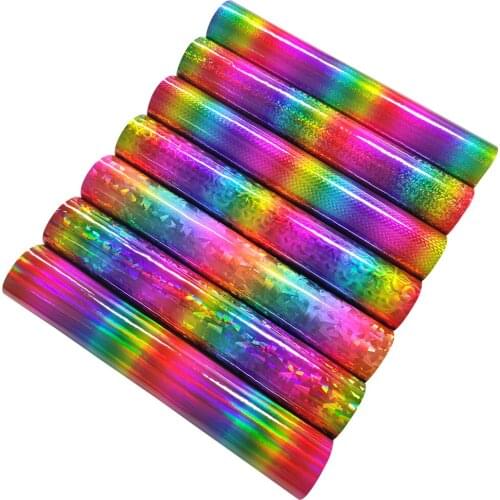 Rainbow Iridescent Pattern Printed Design Mirror Effect Holographic PU Faux Leather Fabric Sheet for Shoe/Bag/Key Chain/Craft