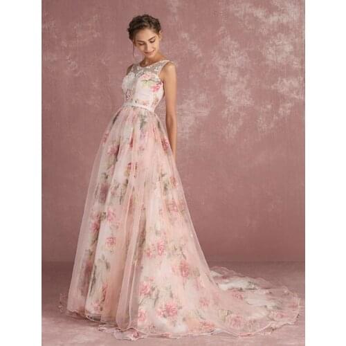 Pink Prom Dresses 2020 Long Floral Print Organza Pageant Dress Backless Chapel Train Party Dress