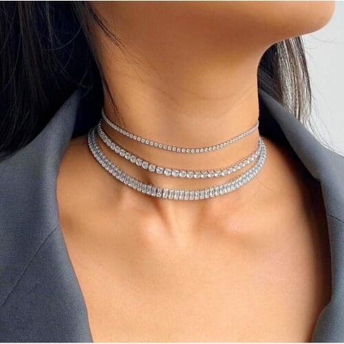 Funmode Bling Cubic Zircon Tennis Chain Choker Baguette CZ Necklace Rhinestone Women Bridal Accessories Jewelry FN236