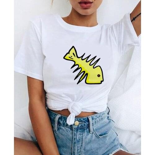 Cute Fishbone Print T-shirt Women Casual Lovely FunnyT-shirt For Lady Girl Short Sleeve Top Tee Female t shirt Woman Clothing