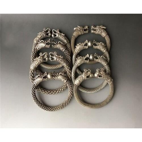 Exquisite Chinese Rare Tibetan Silver Handmade Double Dragon Play Bead White Copper Bracelet Amulet Auspicious Bracelet Statue