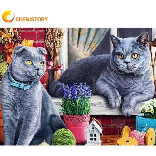 CHENISTORY 5D Full Round Square Diamond Painting Blue Cat Diamond Embroidery Animal DIY Mosaic Home Decor Gift Art 40x50cm