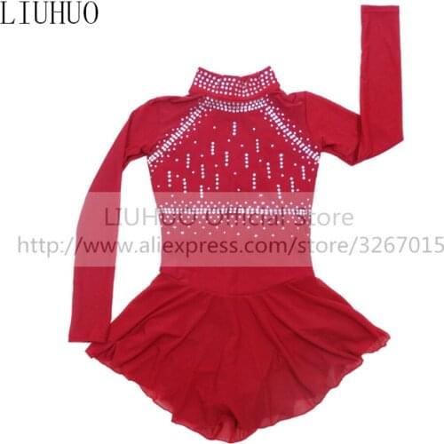 LIUHUO Womens Girls' Performance Red Wine Rhythmic Gymnastics Long Sleeve Competition Leotard Ice Figure Skating Dress Ballet