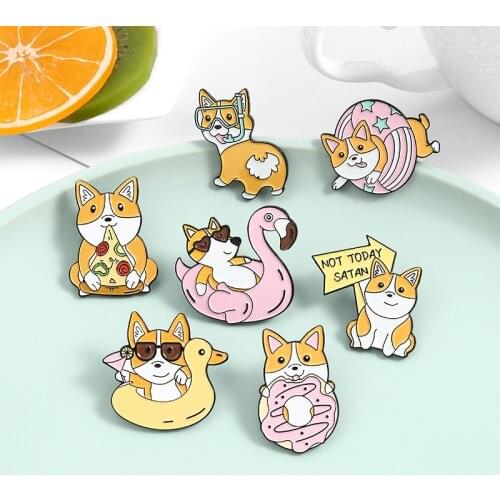 Cute Animal Enamel Pin Swimming Diving Pizza Donuts Corgi Brooch Bag Lapel Pin Cartoon Dog Badge Jewelry Gift Kids Friends