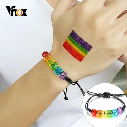 Vnox Rainbow Beads Bracelets for Men Adjustable Rope Colorful Clear Beaded Unisex Pride LGBTQ Jewelry