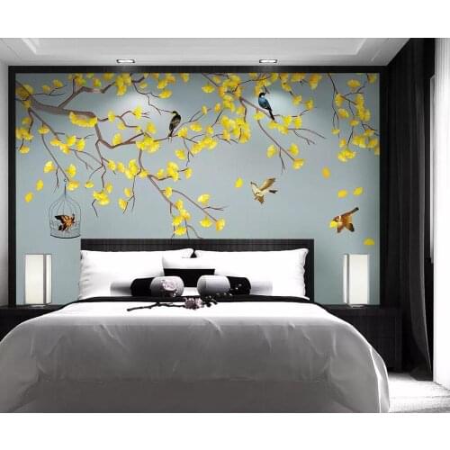 Milofi custom size mural wallpaper 3D ginkgo hand-painted flowers and birds living room bedroom wall decoration mural wallpaper