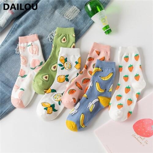 New Trendy Ins Women Socks Student Fruit Avocado Strawberry Japanese Wild Breathable Combed Cotton Socks Pink Funny Happy Socks