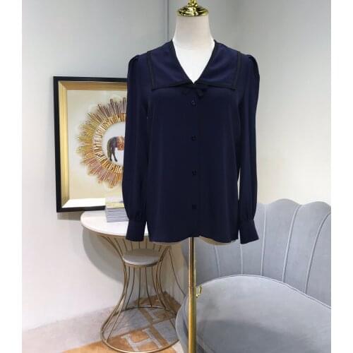 New ladies fashion 2021 long-sleeved sexy casual color contrast neckline bowknot silk shirt 0106