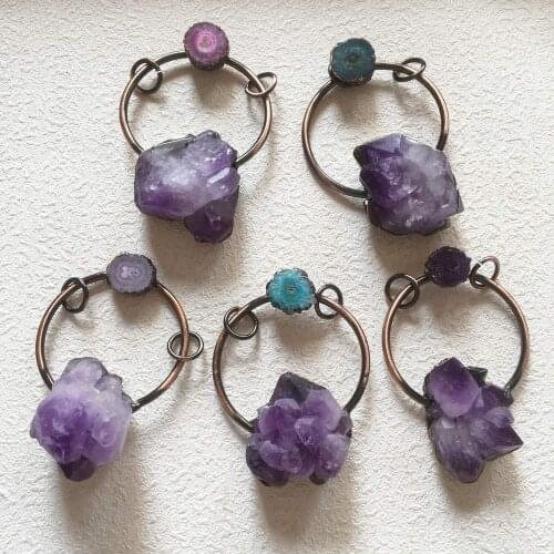 FUWO Hot Sale Natural Amethysts Pendant With Antique Copper Plated Semi Precious Bohemian Jewelry For Necklace Making PD333