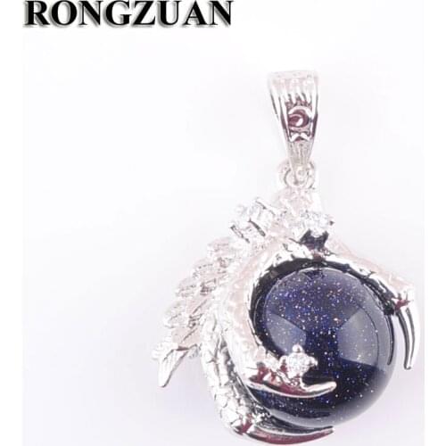 RONGZUAN Natural Blue Sand Gem Stone Round Ball Bead Dragon Claw Crystal Pendant Necklace 18" Chain Jewelry TN3114
