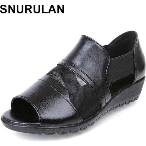 SNURULAN Genuine Leather With Mesh Women Sandals Solid Slip On Ladies Shoes For Woman Shallow Cover Heel Sandalias Mujer