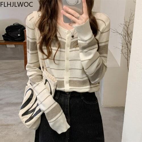 Striped Autumn Winter Sweater Women Sweet Girls Japan Style Retro Vintage Single Breasted Button Knitted Short Cardigans Coats