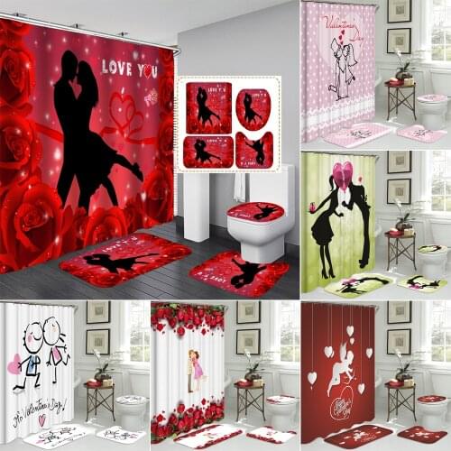 Rose Lover Bathroom Curtain Waterproof Fabric Shower Curtain 3d Toilet Cover Mat Non Slip Rug Set Valentines Day Decoration