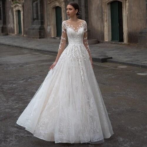 Gorgeous Lace Applique Tulle Bridal Dresses Elegant Scoop Neck Long Sleeve Sweep Train A Line Wedding Dress Vestido de Novia