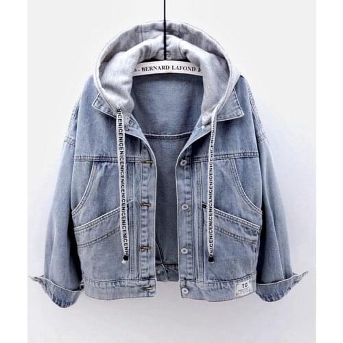 Denim Jacket Womens Loose Korean Short 2021 Spring and Autumn BF Long Sleeve Hooded Jacket Large Pocket Versatile Top