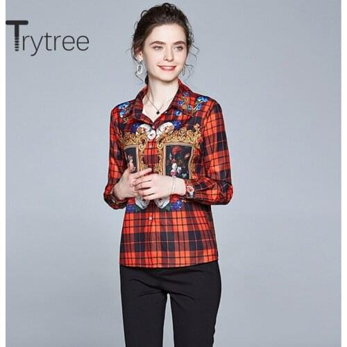 Trytree 2020 Summer Women Casual Blouse Turn-down Collar Single Breasted Print Plaid Red Fashion Elegant Temperament Blouse Tops