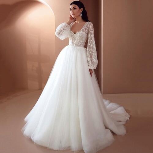 Vestido de Noiva Plus Size Vintage Wedding Dresses Puff Long Sleeve Bride Dress 2021 Starry Lace Wedding Gowns Corset Back Women