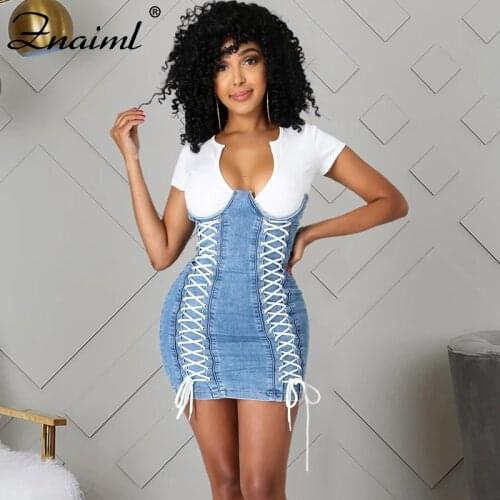 Znaiml Patchwork Women Denim Mini Dress Sexy V Neck Short Sleeve Lace Up Bandage Short Dress Mini Blue Jean Femme Vestido 2021