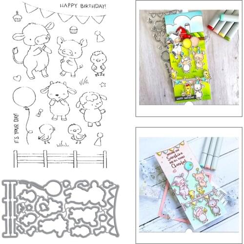 2020 New Hot Farm Animal Piggy Alpaca Sheep Banner happy Birthday Stamps and Metal Cutting Dies Foil Scrapbooking For Card Makin